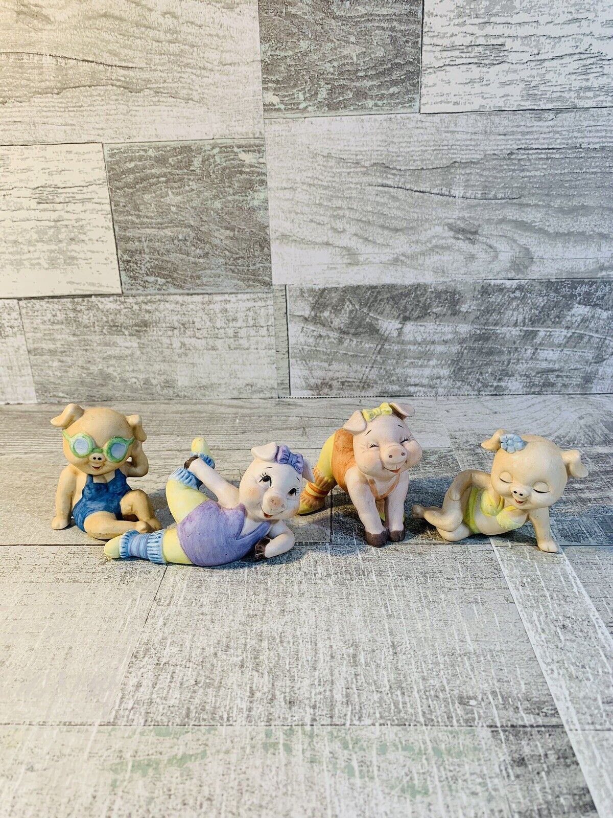 Vintage George Good Set Of 4 Pig Porcelain Figurines Exercising Beach
