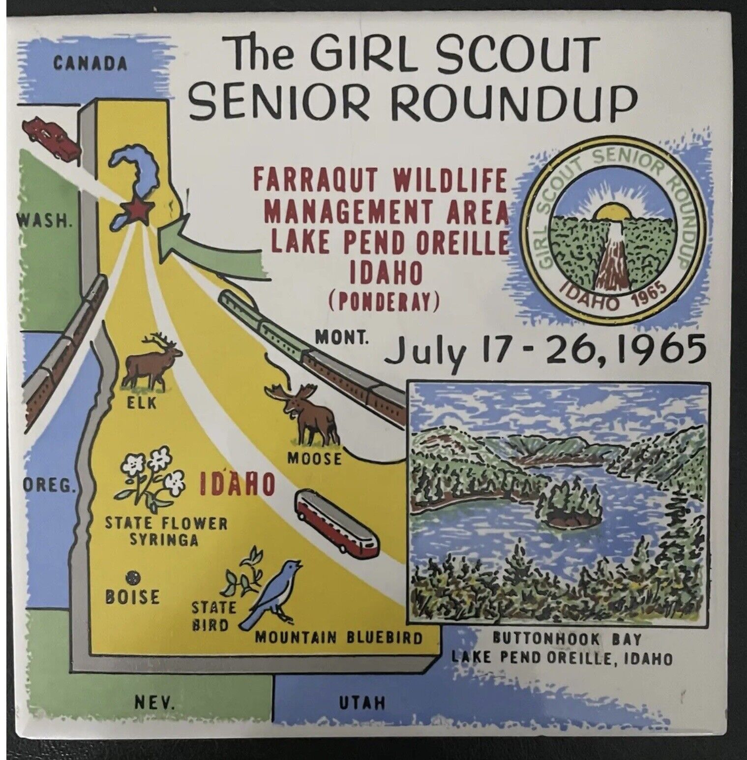 REDUCED RARE Vintage Girl Scout 1965 Senior Round-up CERAMIC TILE TRIVET-IDAHO