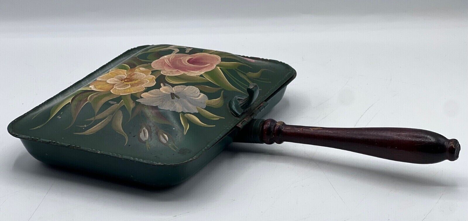 Vintage Green Metal Tole Ware Hand Painted Flowers w SILENT BUTLER Wooden Handle