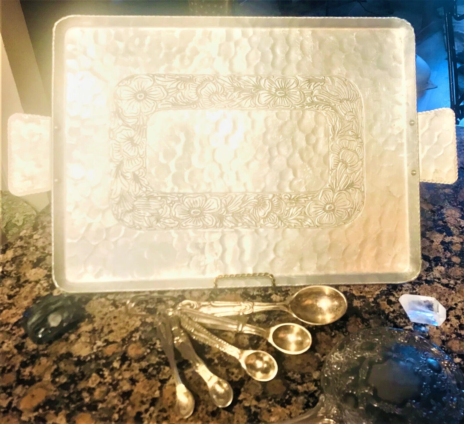 Unique Spirited Vintage Bohemian Aluminum Intaglio EMPC Hand Mirror Tea Time