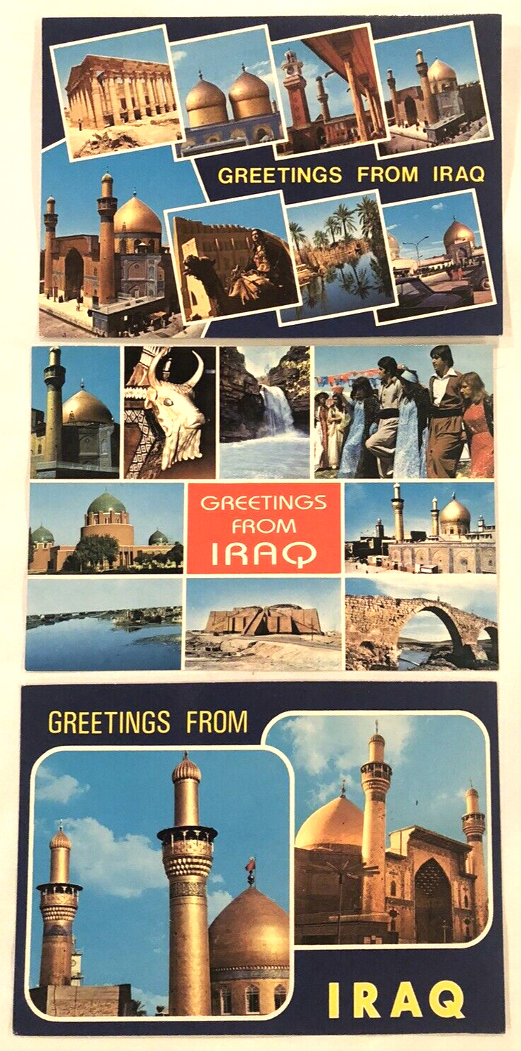 LOT OF 3 DIFFERENT GREETINGS FROM IRAQ POSTCARDS EACH W/ MULTIPLE PHOTOS VG A7