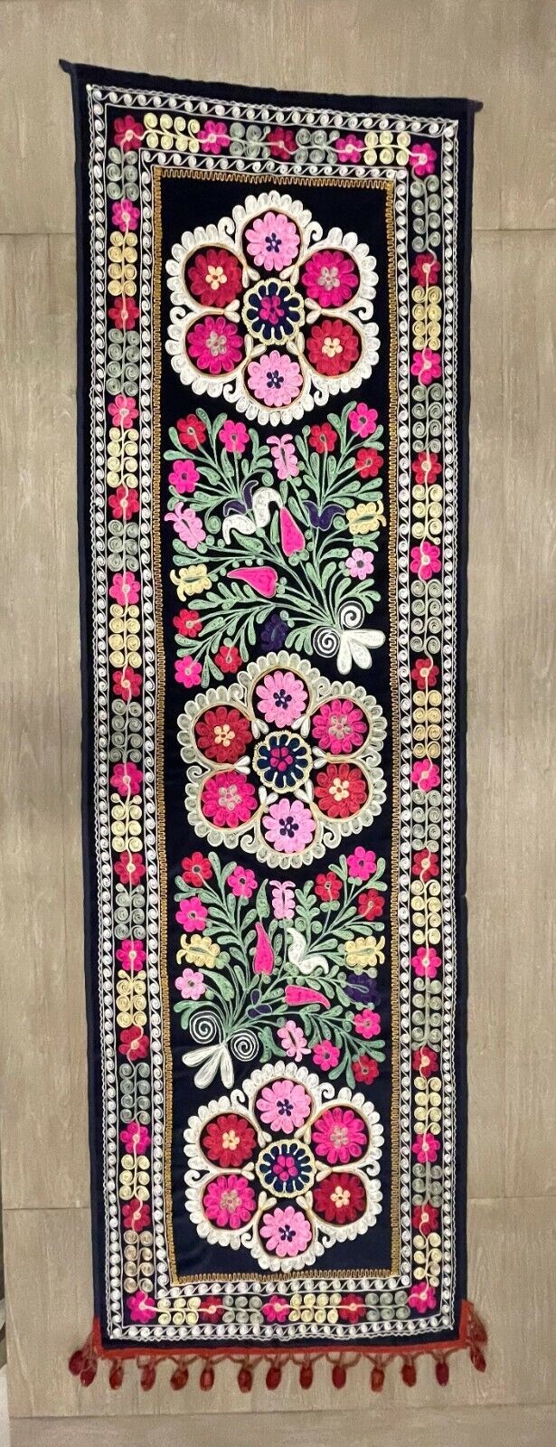  Suzani Wall/Furniture Decor. Vintage Uzbek Handmade Embroidery 85x25in.