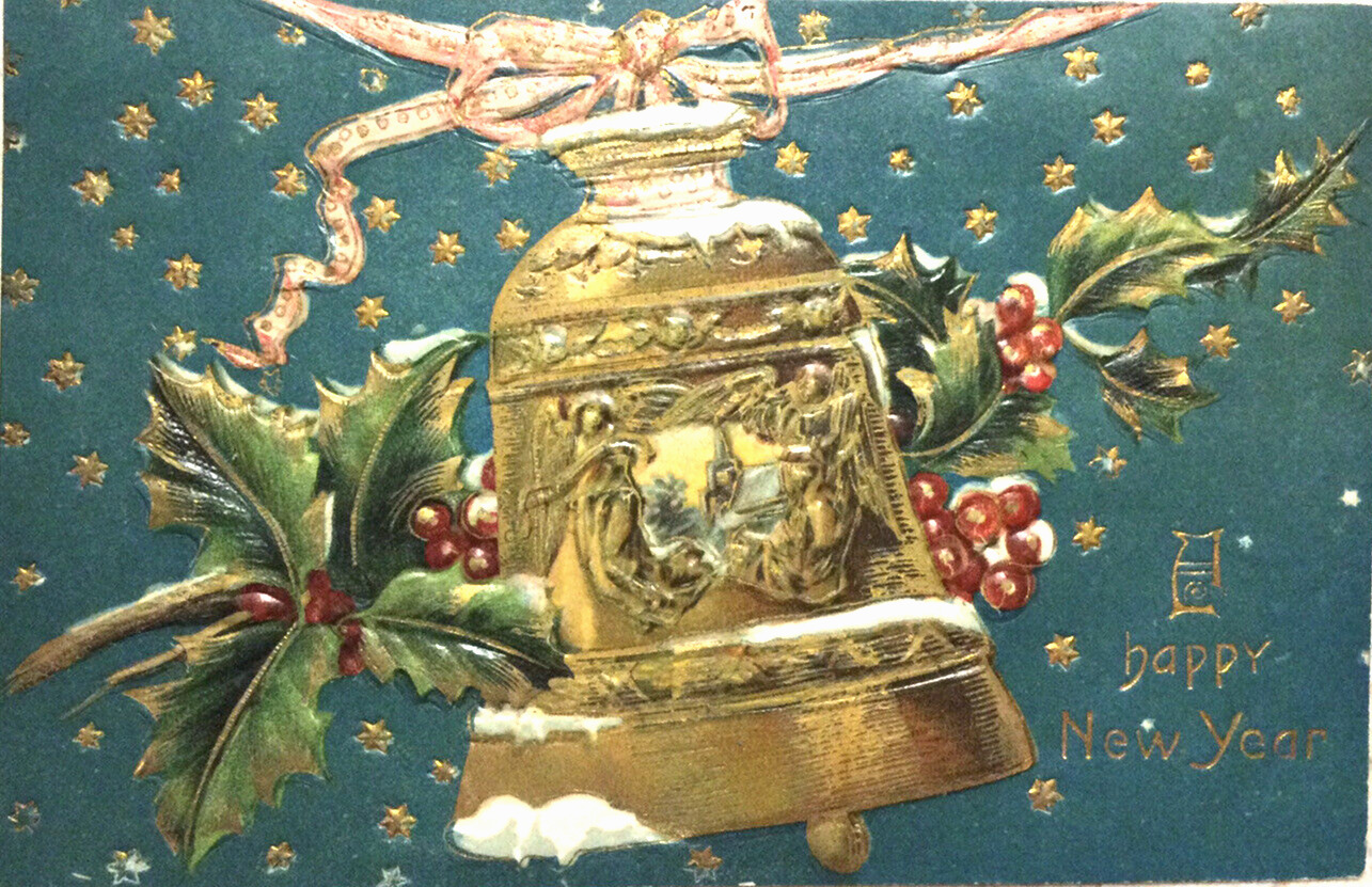 Vintage Embossed Postcard A Happy New Year Snow Covered Gold Bell and Holly