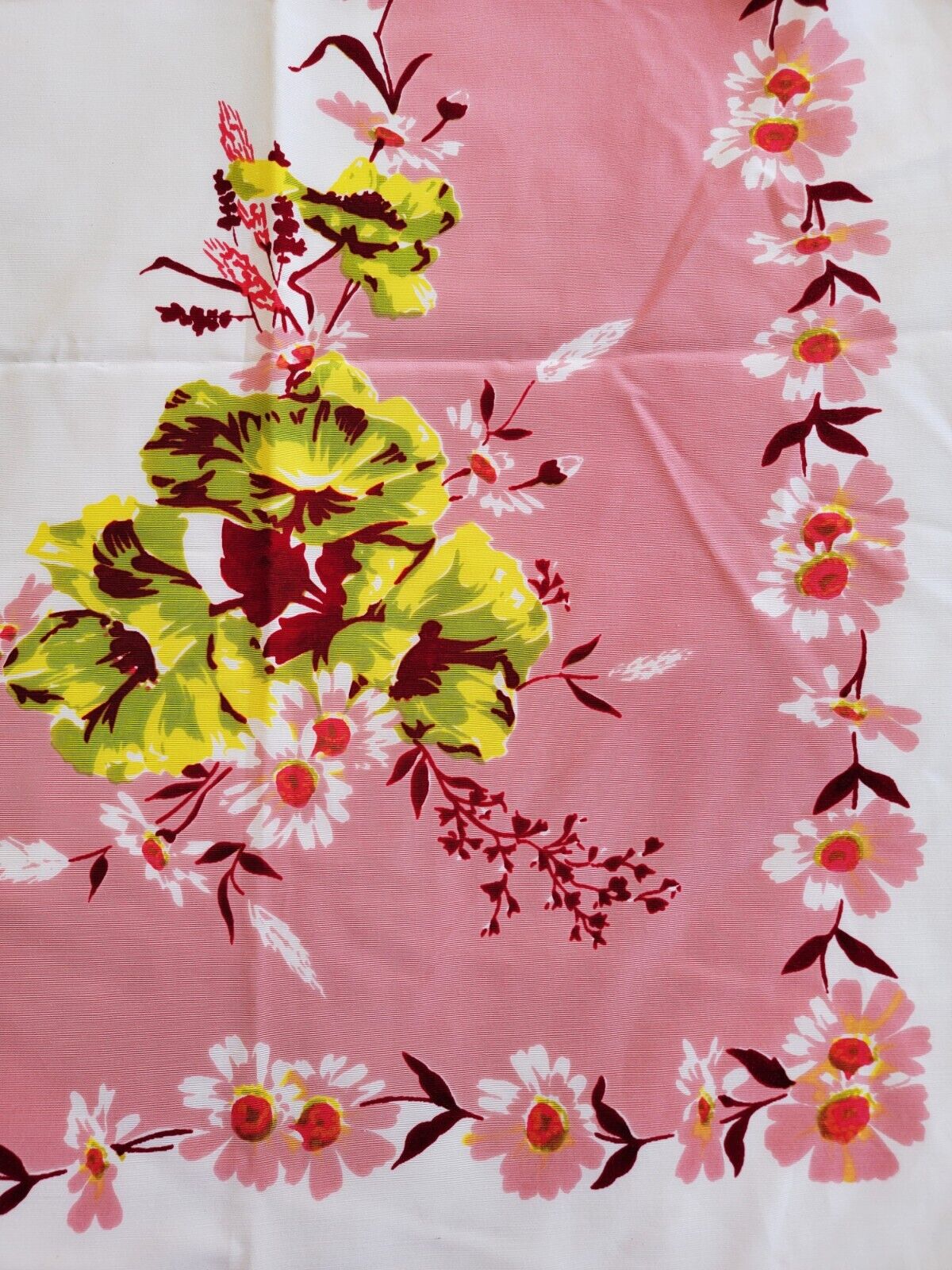 Vintage SIMTEX Dusty Rose PINK & Chartreuse FLORAL TABLECLOTH 52.5\