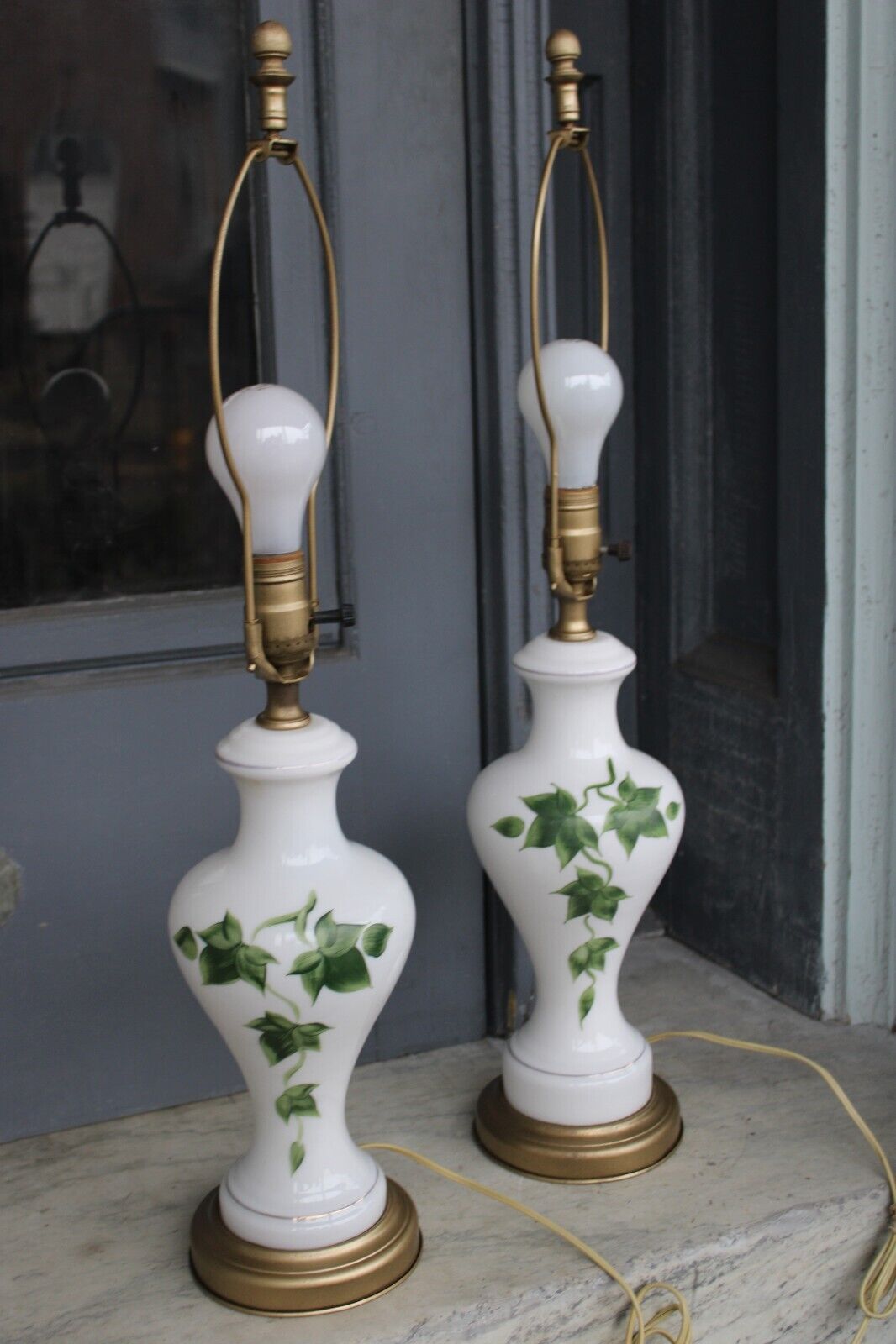 Pair Vintage White Glass Lamps with Ivy Pretty
