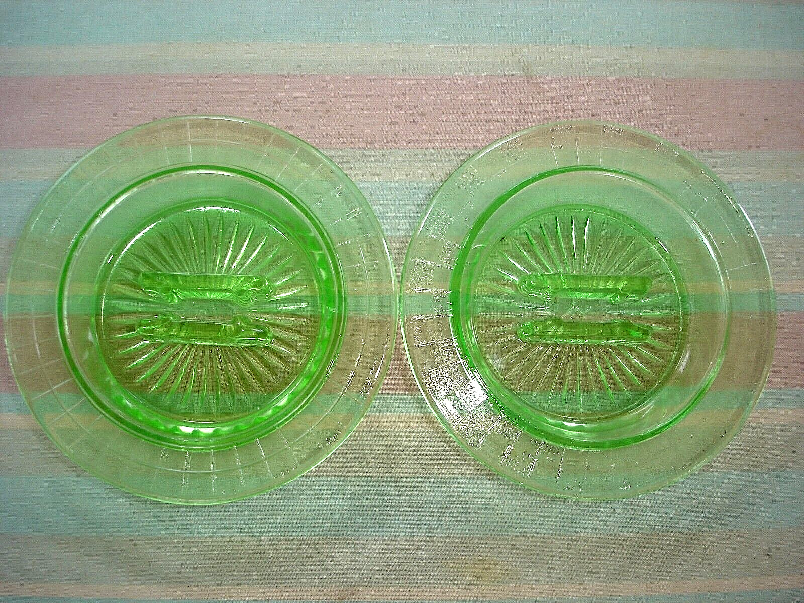 Vintage Set 2 Hazel Atlas Green Vaseline Glass Ashtrays-Match Holder - 1 AS IS