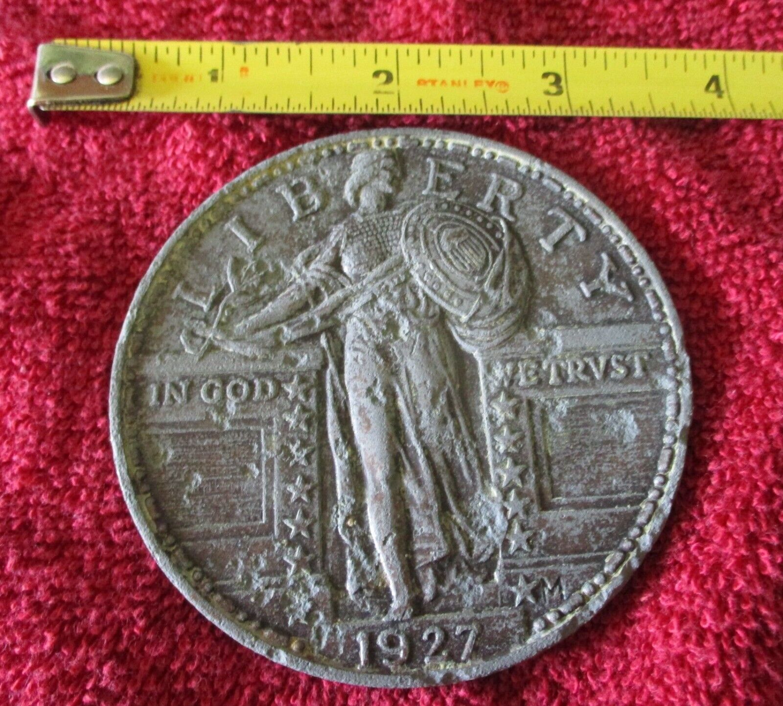 1927 Standing Liberty Quarter Replica 3 Inches. 2.0 Ounces. Zinc or Other Metal