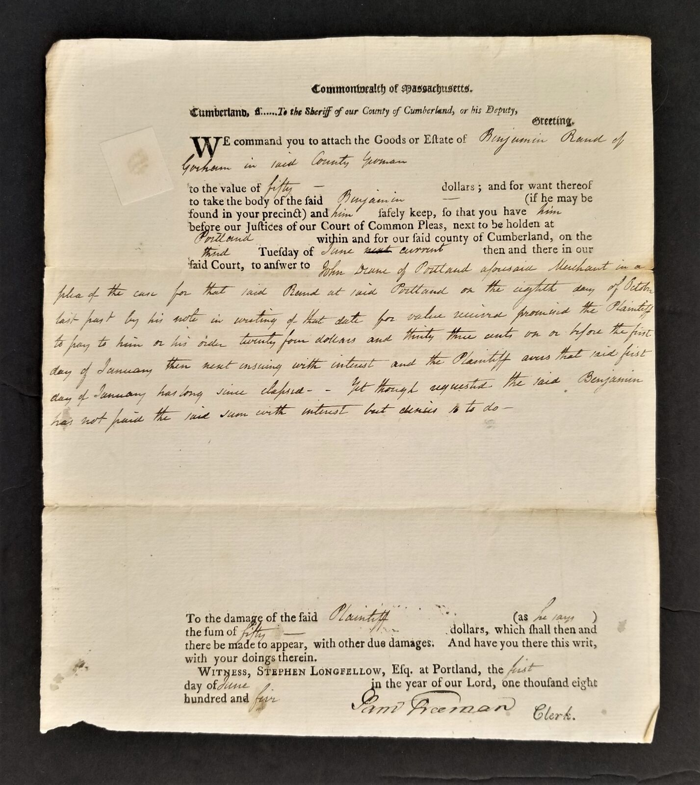 1805 antique LEGAL WRIT cumberland portland ma Benj RAND signed FREEMAN Patriot