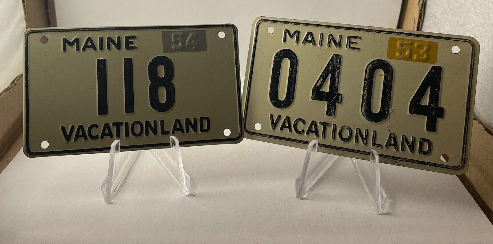 Vintage 1953 & 1954 Bicycle / Wheaties State Metal License Plates - Maine