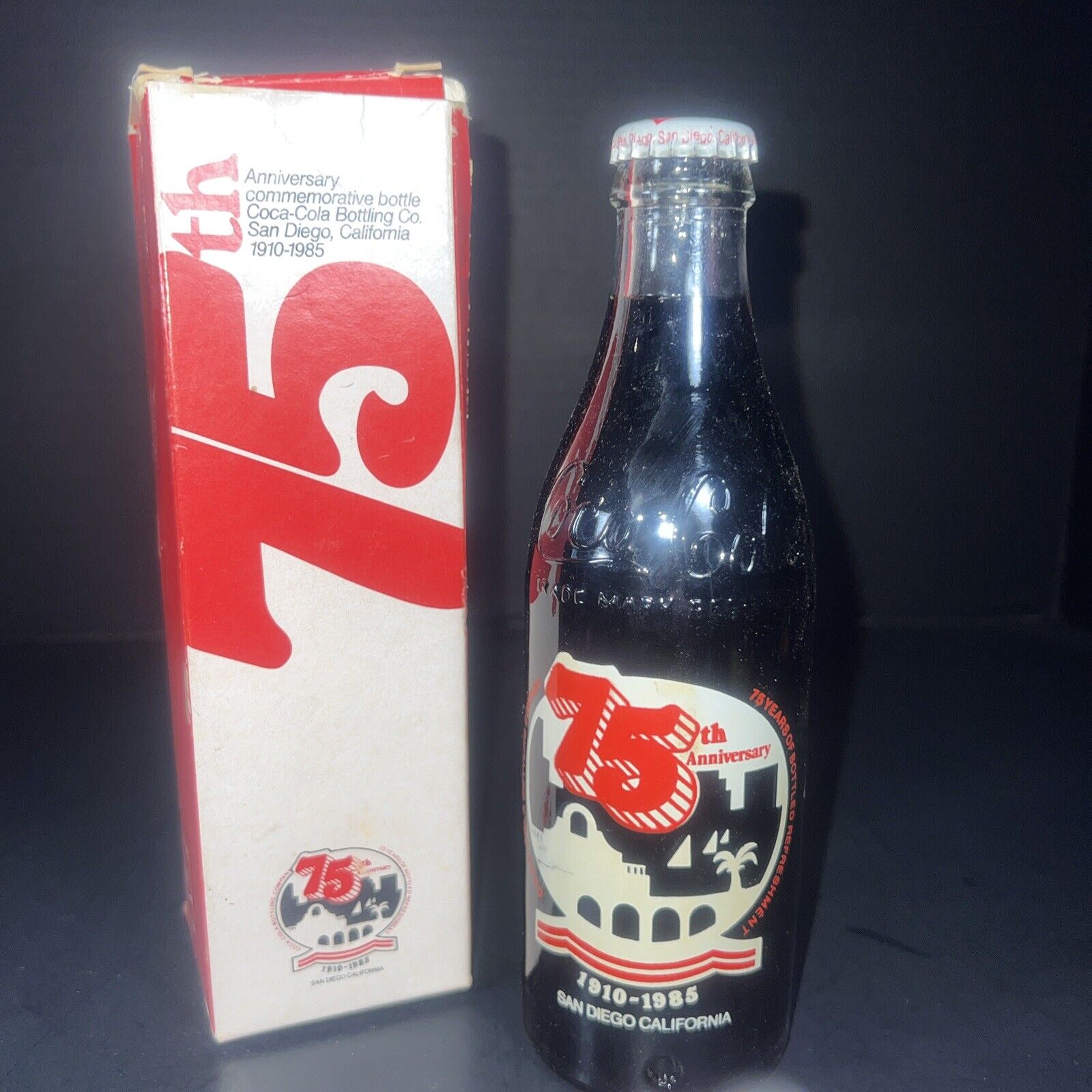 RARE Vintage 75th Anniversary Coca Cola SAN DIEGO COKE BOTTLE 1910-1985 W/ Box.