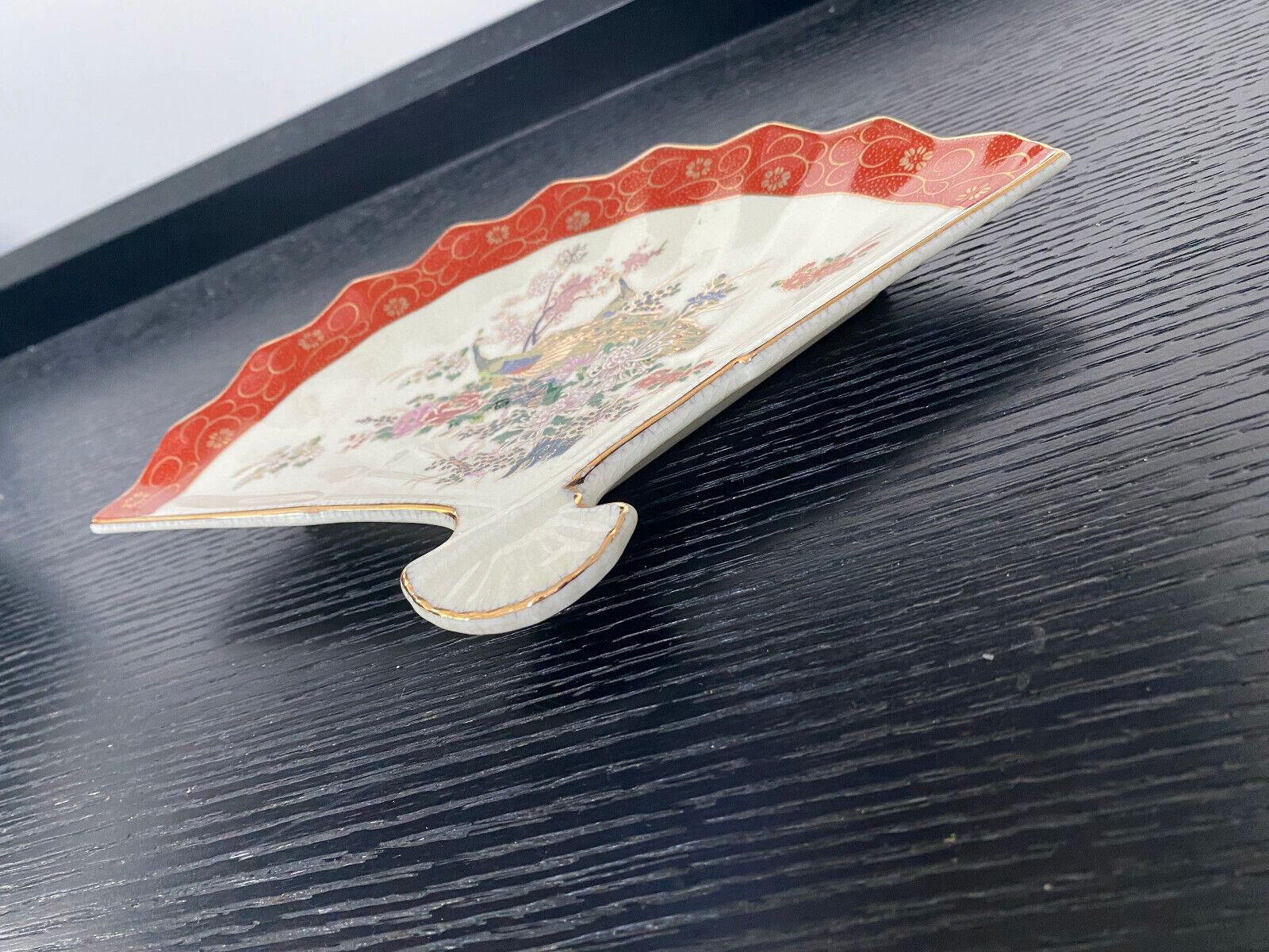 Satsuma Arnart Imports Fan Shaped China Dish Peacocks Gilded