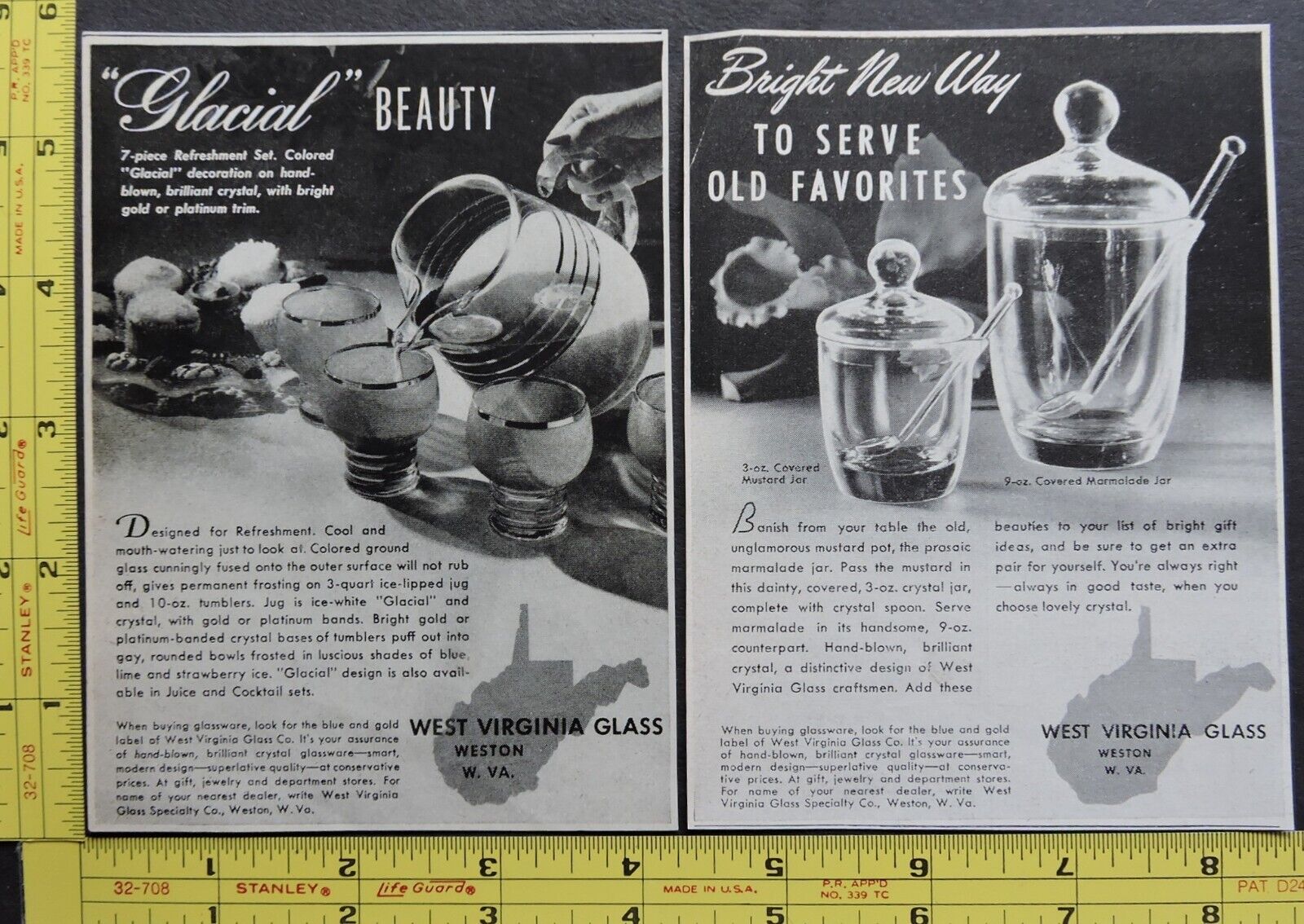 2 Vtg 1948 Ads – West Virginia Glass Weston WV