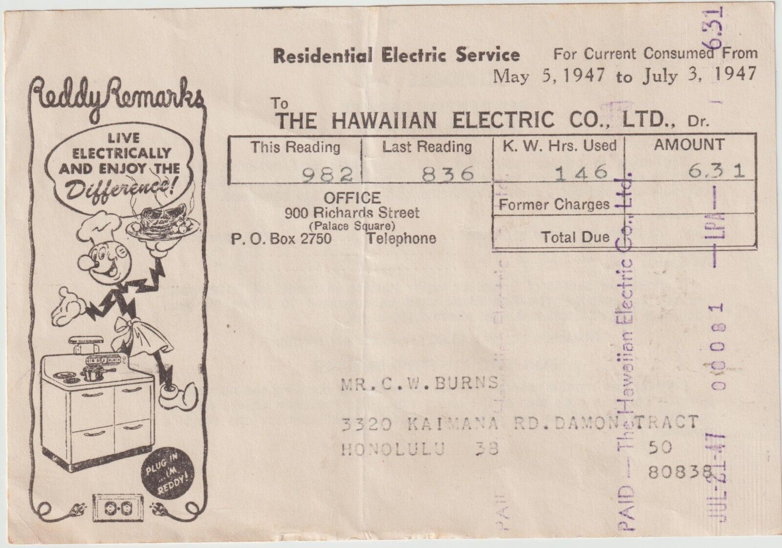 1947 HAWAIIAN ELECTRIC Co. Receipt - Hawaii Territory