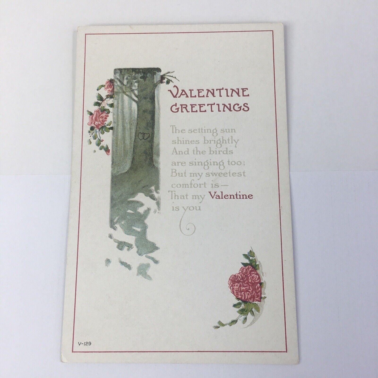 Vintage Postcard Valentine Greeting Tree with hearts Roses Heart V-129