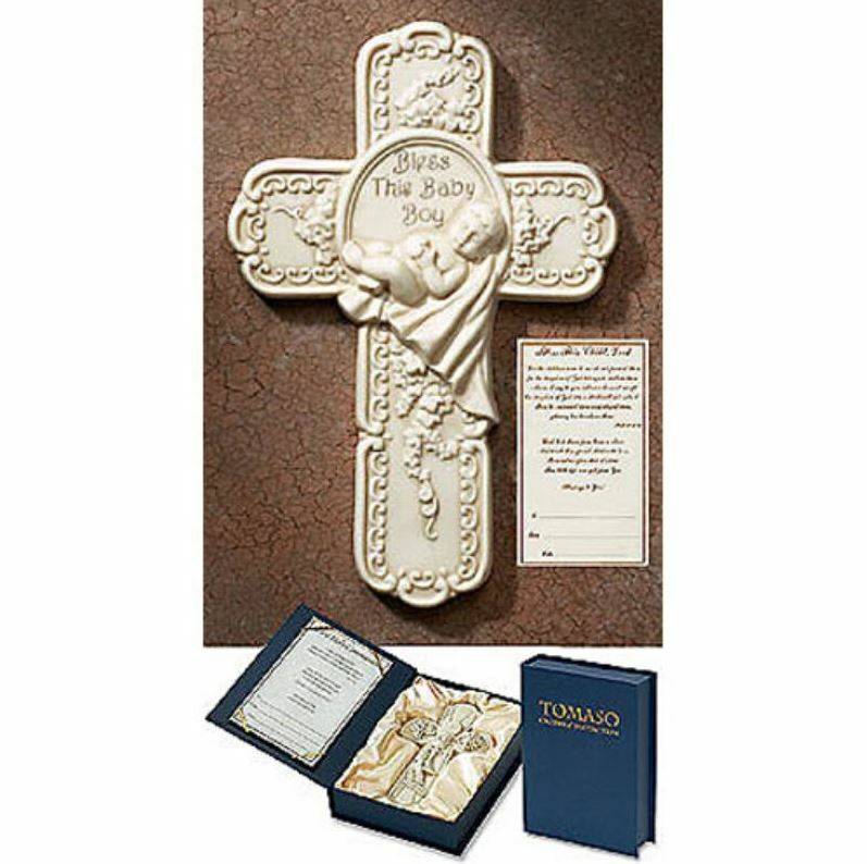 Bless This Baby Boy White Resin Wall Cross with Deluxe Gift Box Home Decor, 7 In