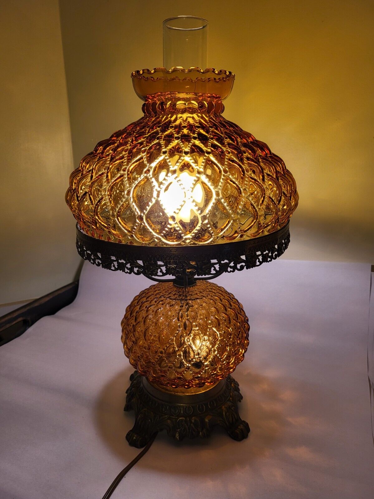 Vintage Amber Glass Quilted Hurricane Lamp 19.5\