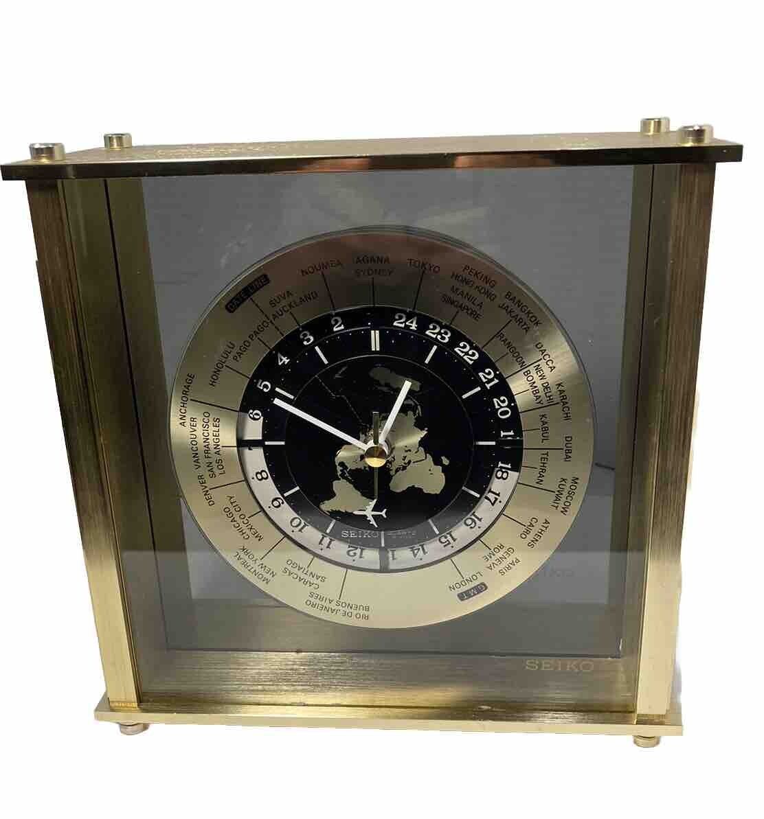 SEIKO Vtg 80’s World Timer Mantle Clock-Gold/Smoked Glass-GMT-Fully Works-8x8x3”