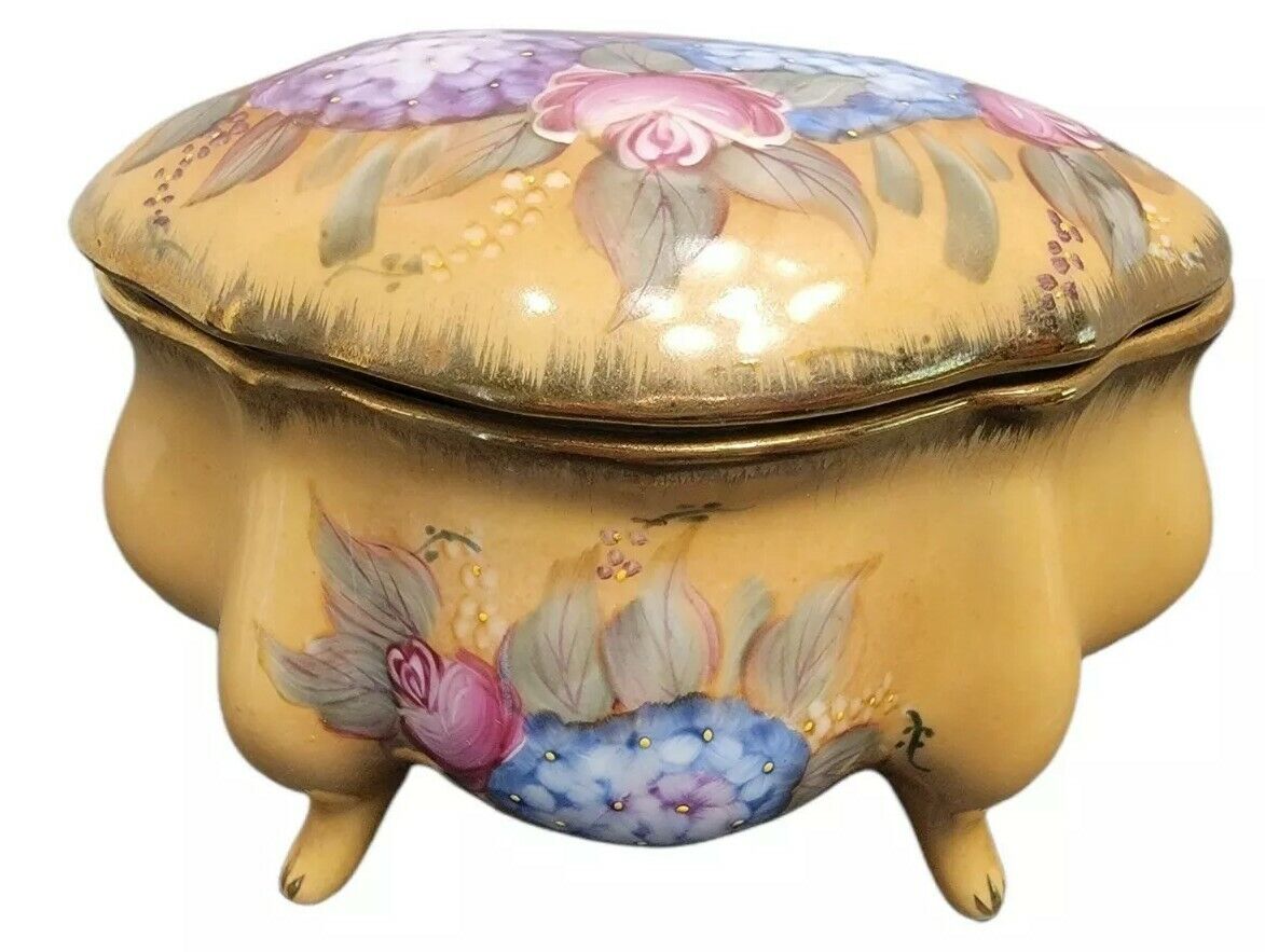Vintage Hand Painted Porcelain Trinket Box With Removable Lid. Floral 4 footed. 