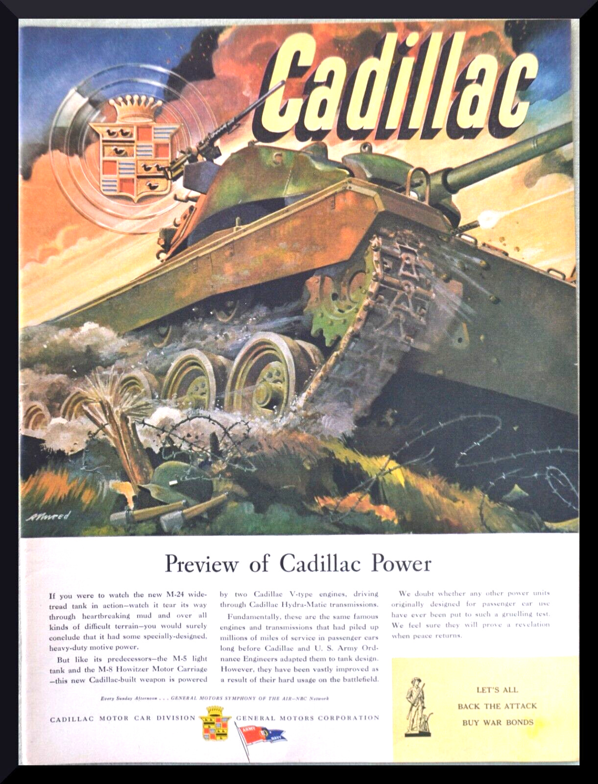 1945 Cadillac US Army M5 Light tank WWII battle art vintage print ad