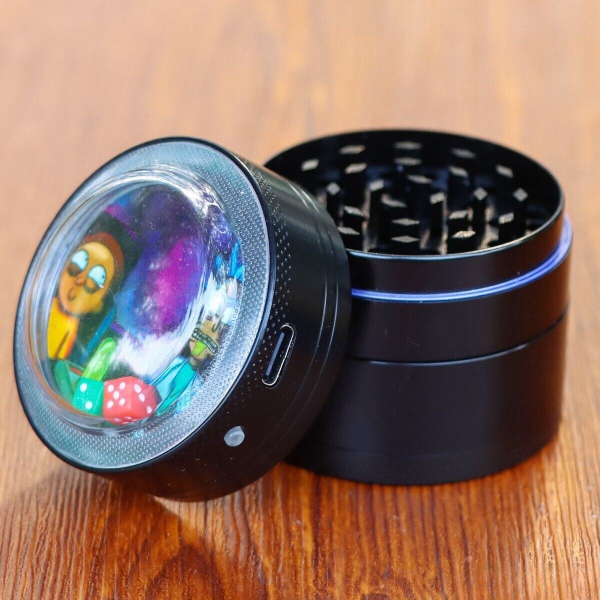 50mm 4-Layer Zinc Alloy Herb Grinder with Illuminated Dice Lid, Black