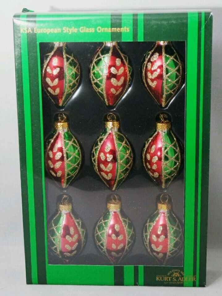 Finial Oval Ornament Set 9 Red Green Glitter 2.5\