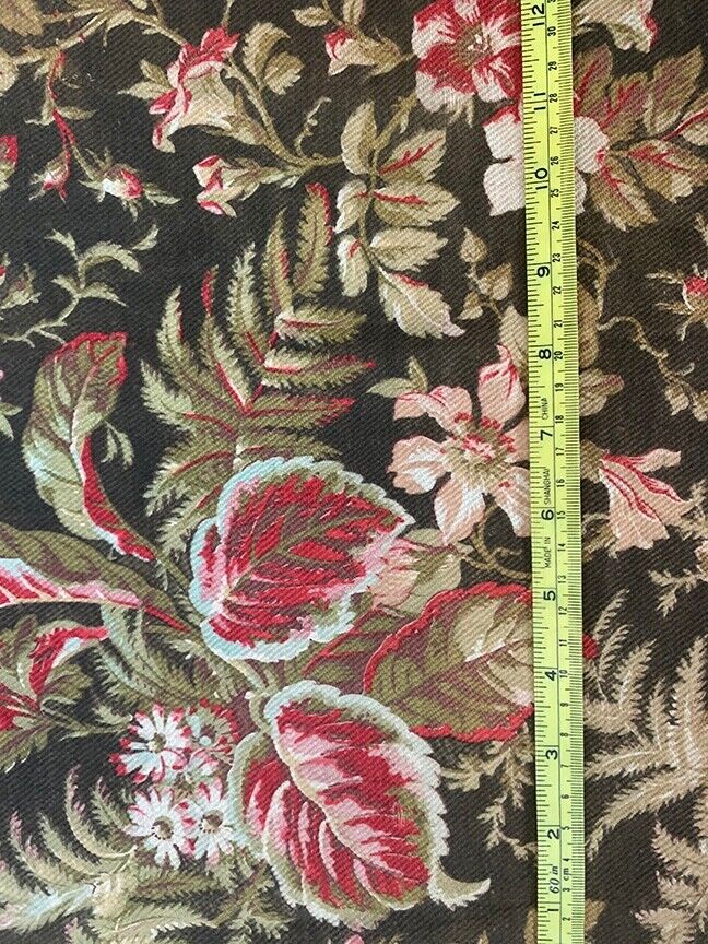 Rare Antique 1800s Fabric Cotton Floral ~Pink Red Green on Dark Brown~ 27\