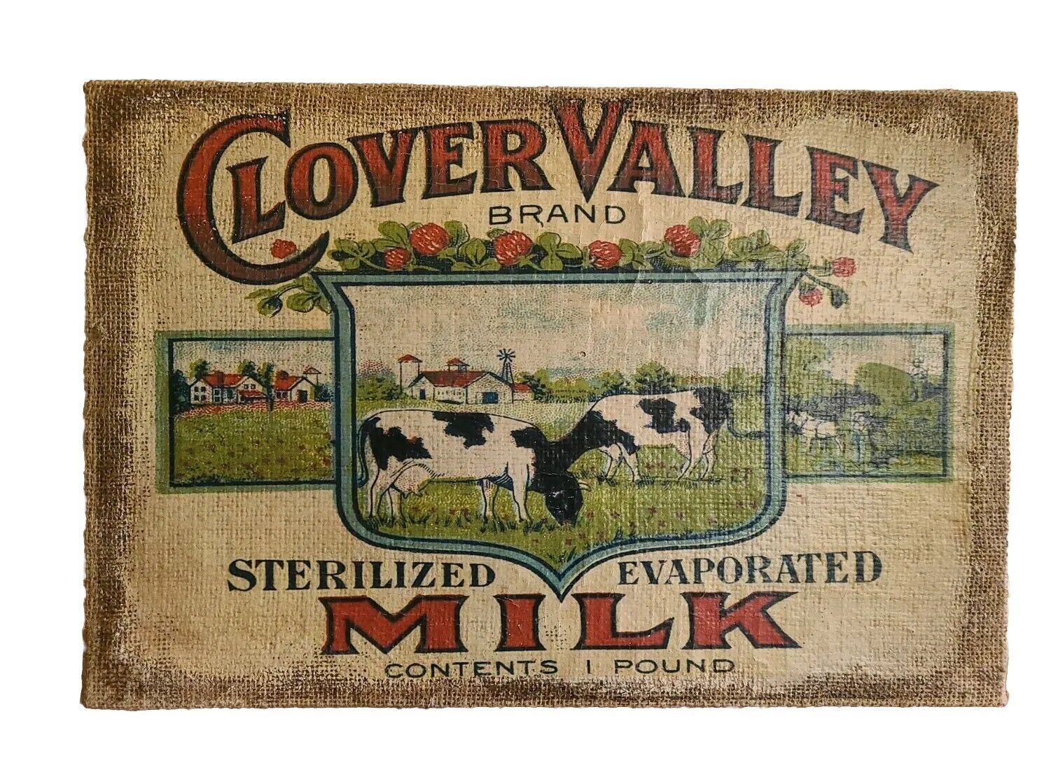 COUNTRY DECOR CLOVER VALLEY MILK ADVERTISIN ON BURLAP STRETCHED ON FRAME PICTURE