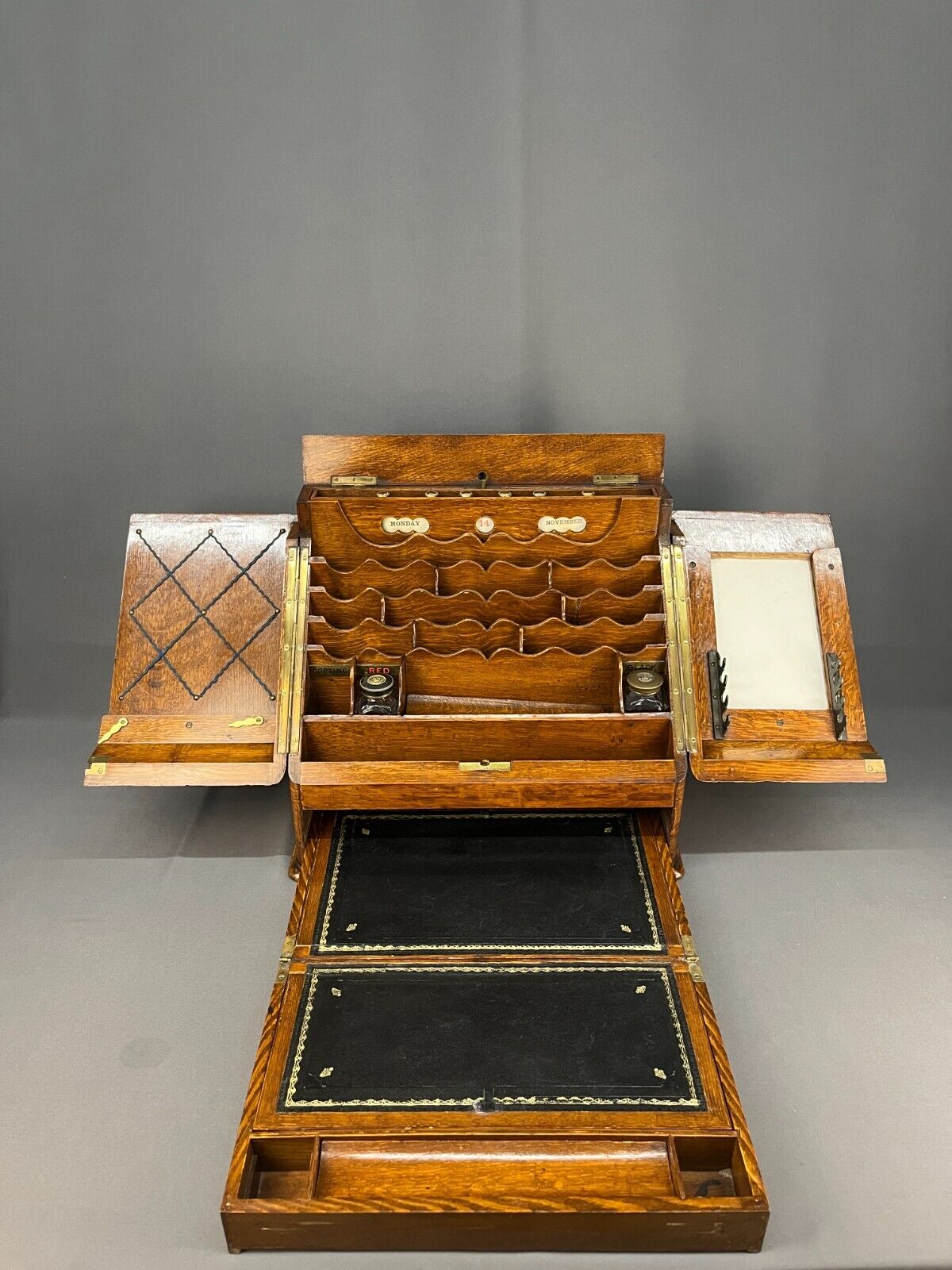 Antique English Slant Front Walnut/Oak Writing Box with Calendar London; C. 1860