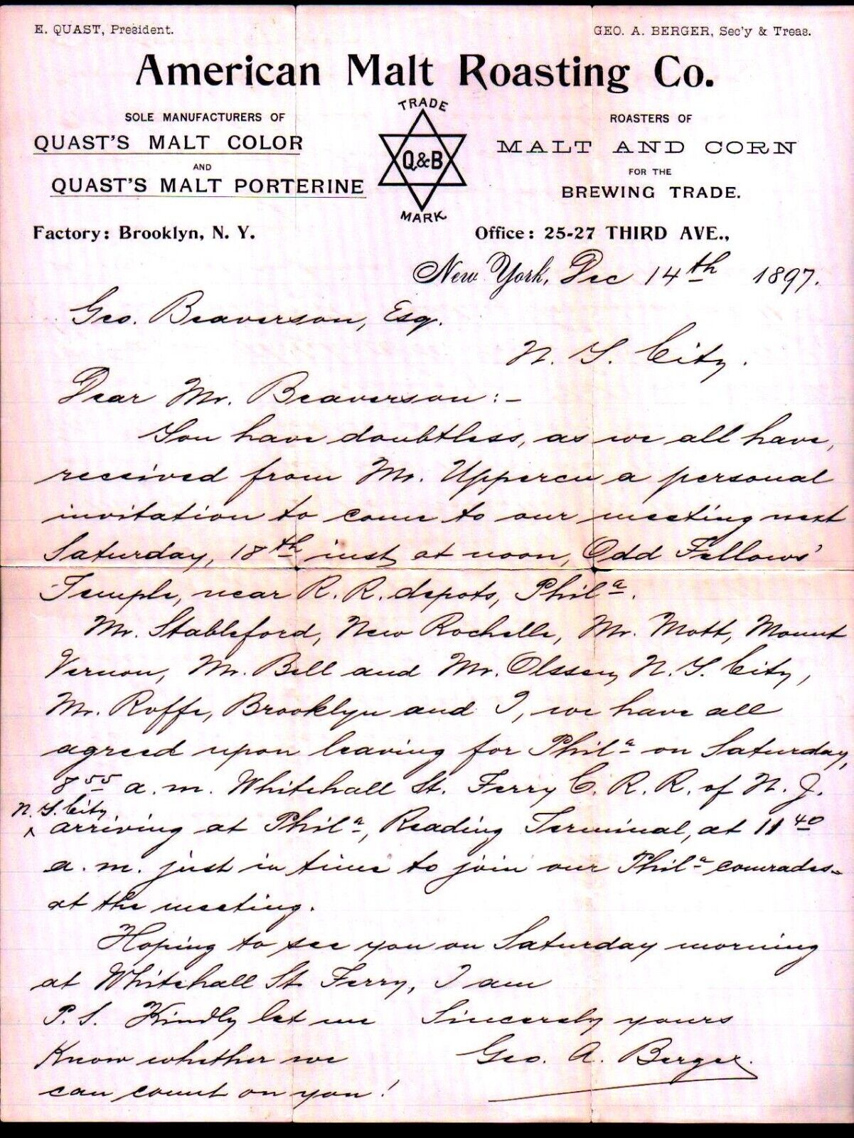 1897 Brooklyn - American Malt Roasting Co  - EX Rare Letter Head Bill