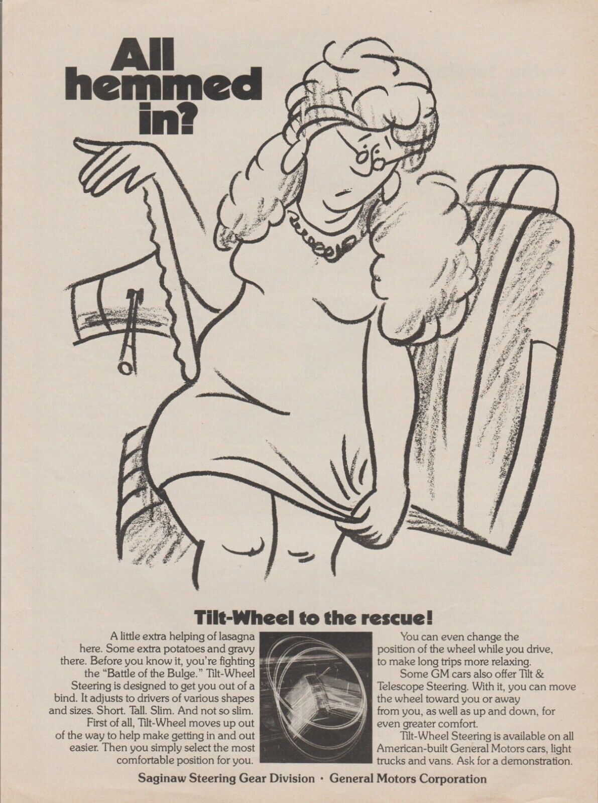 1979 Saginaw Steering Gear - GM Tilt-Wheel Rescue - Cartoon Art Woman - Print Ad