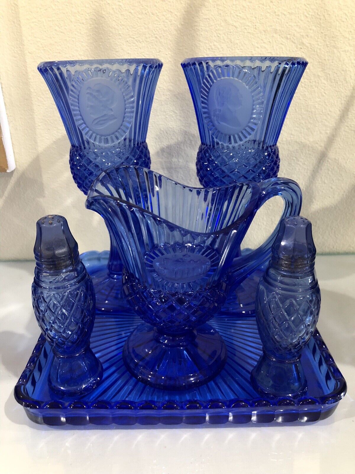 Vintage George and Martha Washington Cobalt Blue Glass Set With Blue Glass Tray