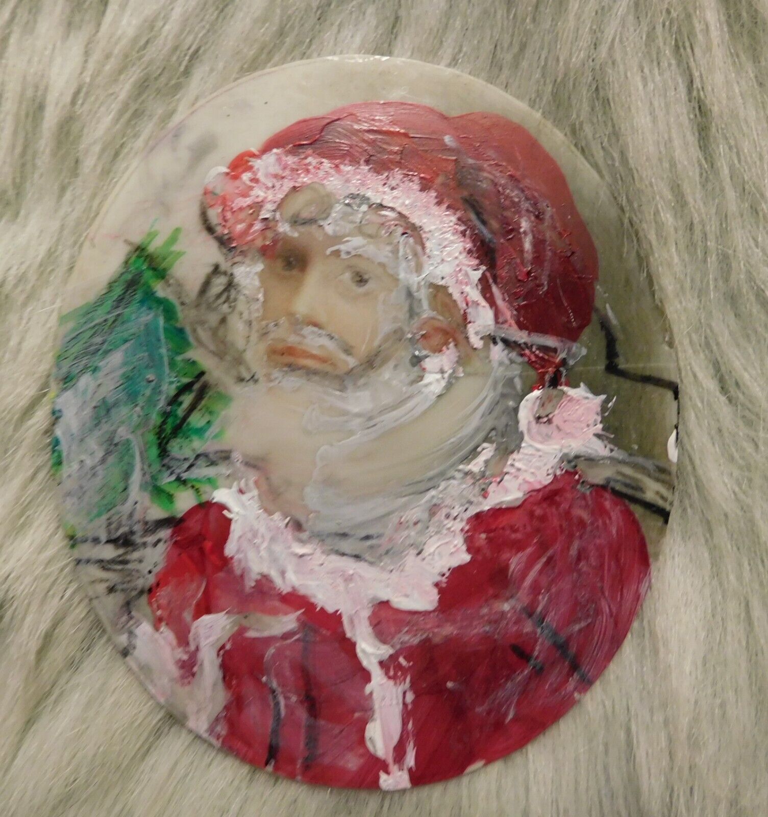 1850 Antique German Victorian Santa Claus Celluloid Portrait Mini Paintings wFur