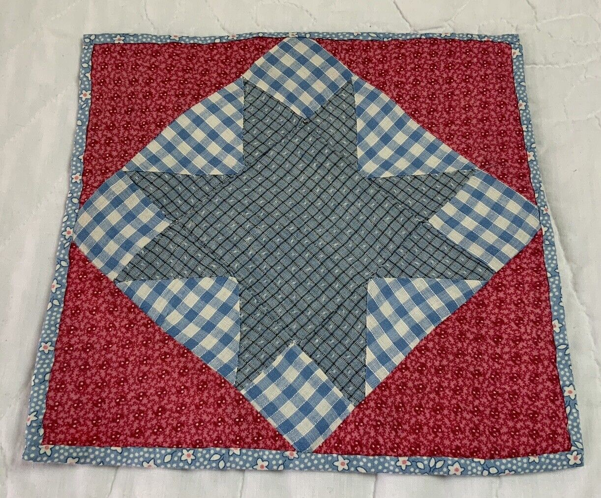 Vintage Antique Patchwork Quilt Table Topper, Star, Early Calicos, Pink, Blue