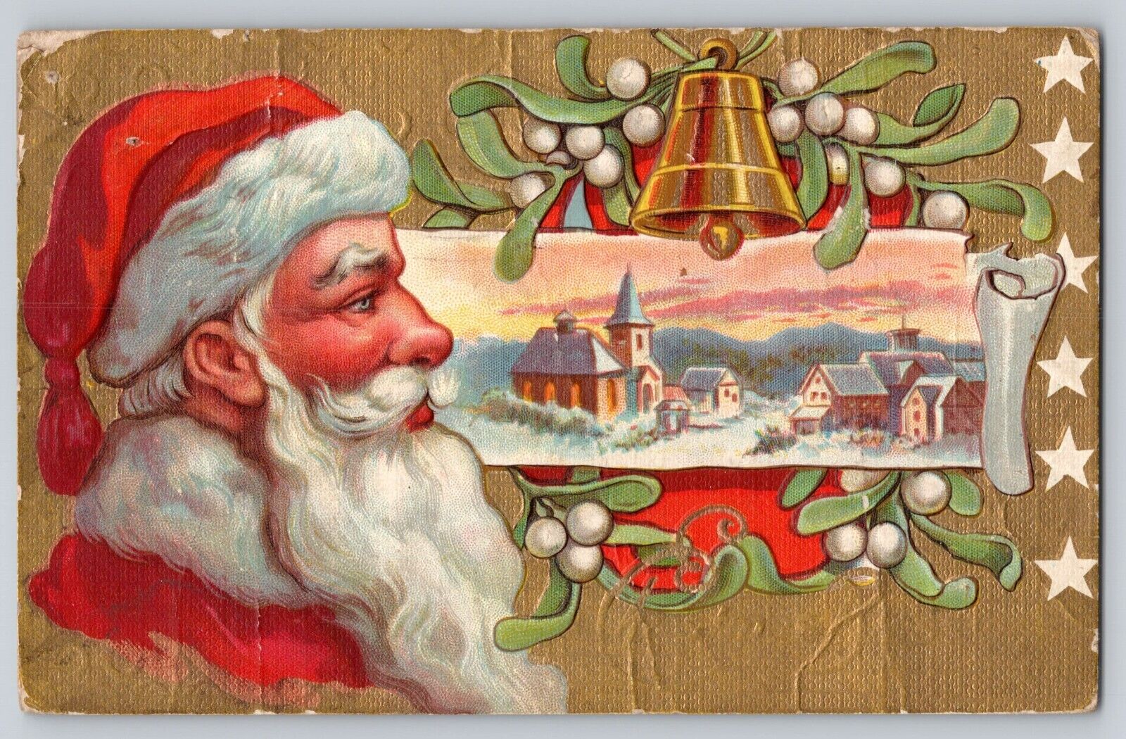 Postcard Christmas Santa Claus Series 2 Close Up Bell Town Gold Embossed 1911