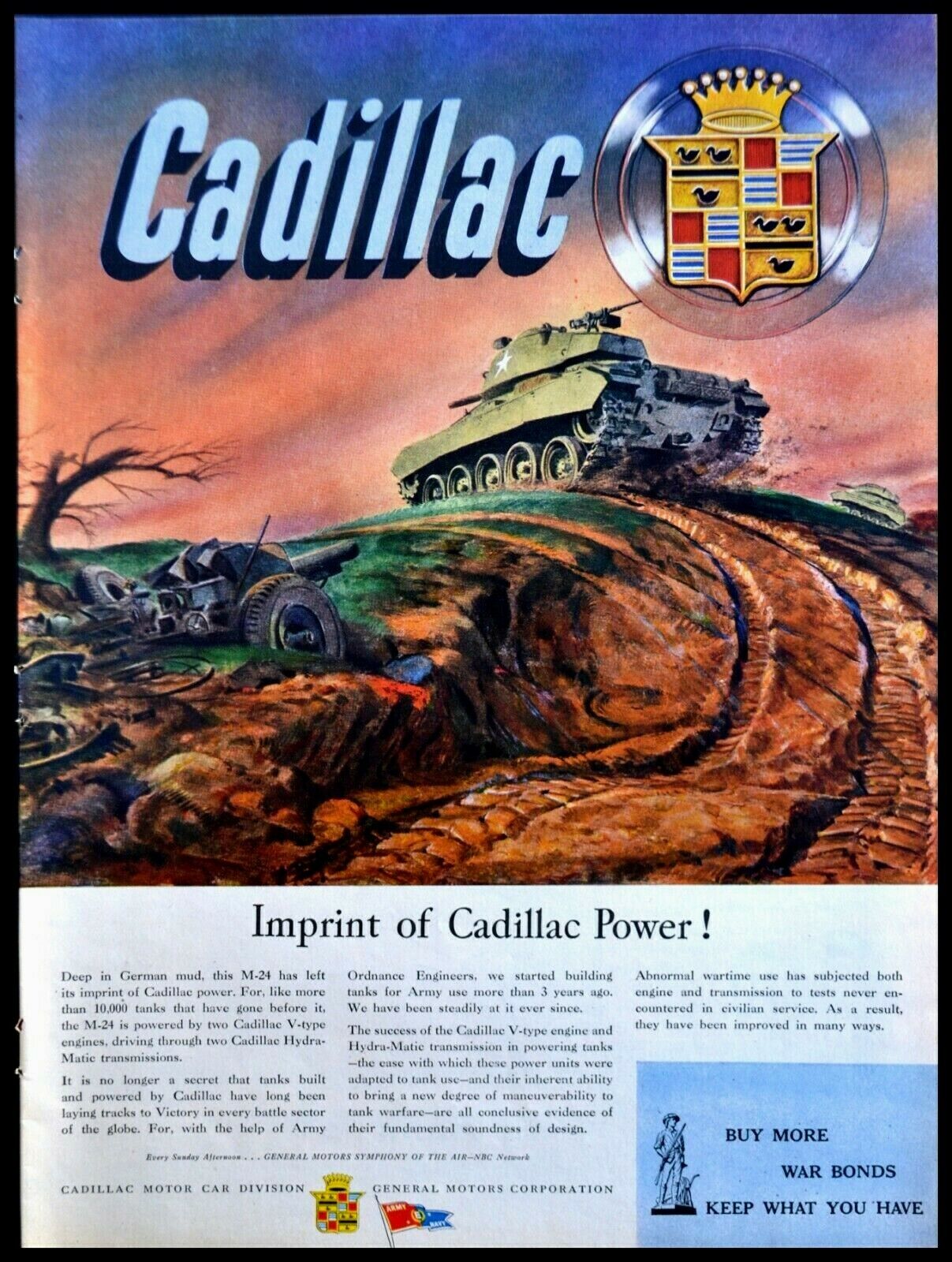 1945 CADILLAC - WWII M-24 Tank- Warzone- Military - Army - WWll ERA VINTAGE AD