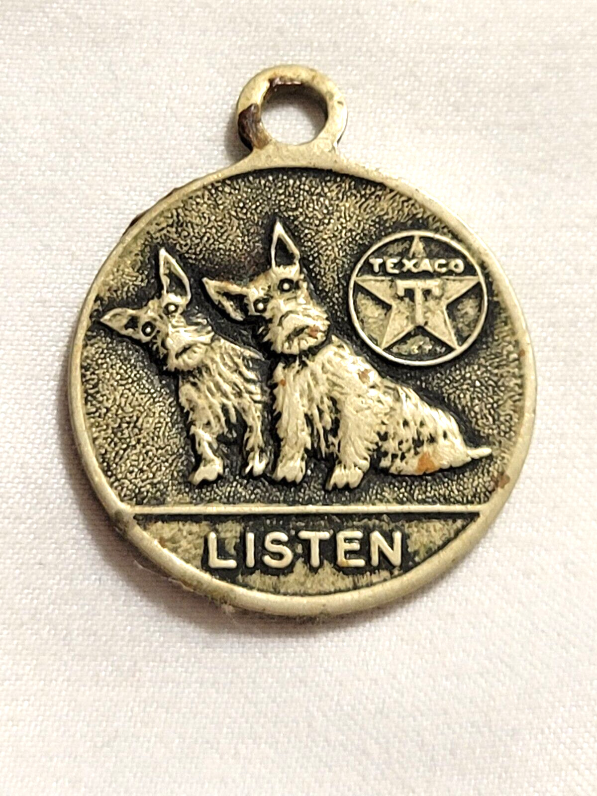 Vintage TEXACO Fob Key Pendant Charm Scottish Terriers Listen 1931