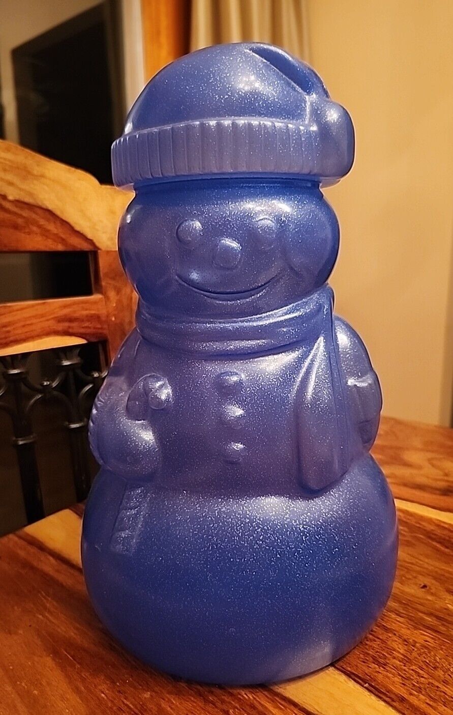 Blow Mold, Glitter Blue Snowman Container, Vintage PackerWare, Removable Hat