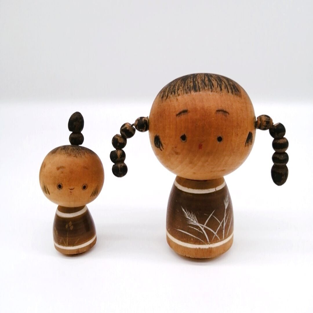 10.5cm&8.5cm Japanese Creative KOKESHI Doll Vintage by USABURO Signed KOC634
