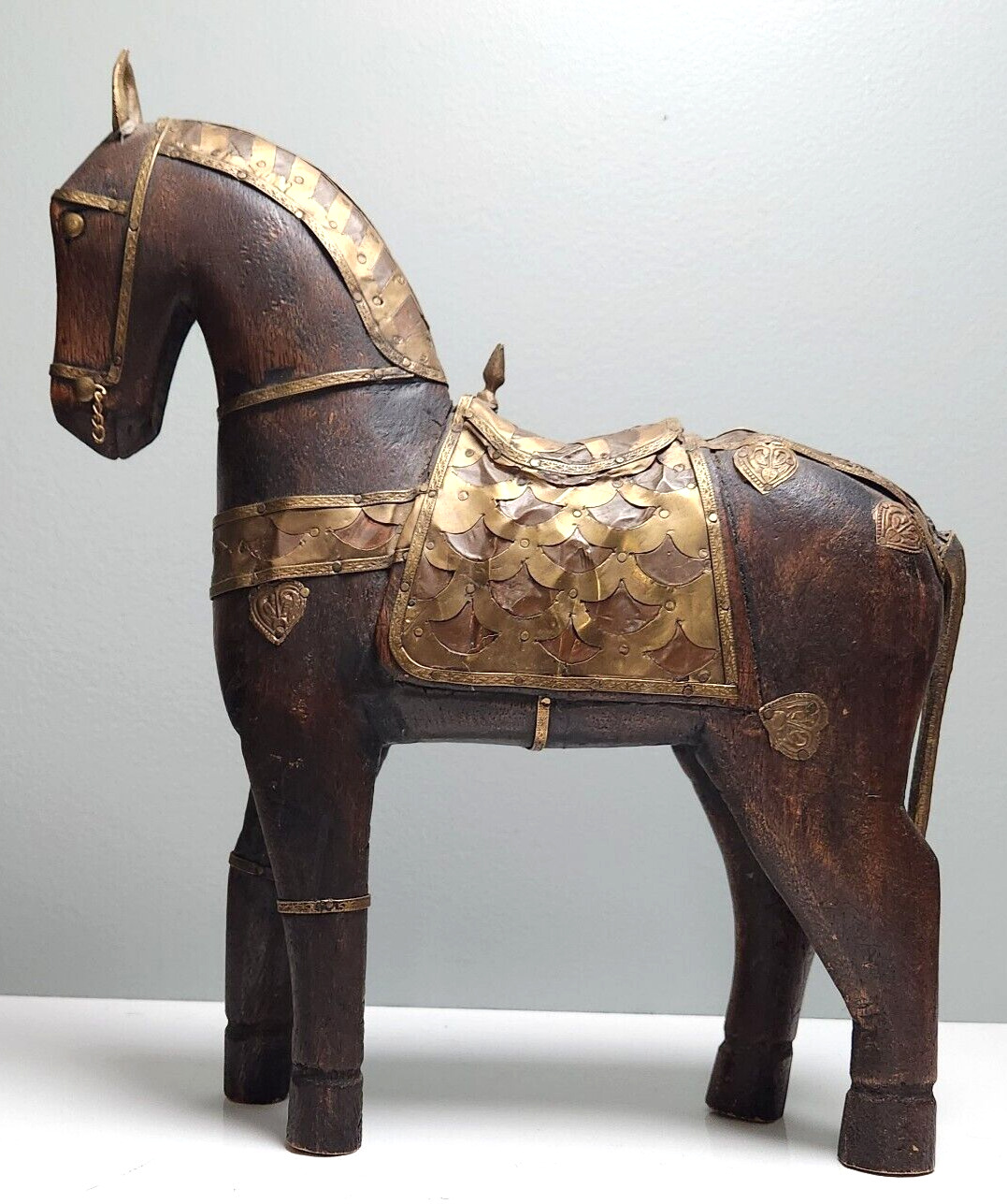 Wooden Hand Carved  Horse Inlay Brass Copper  Armored Vintage Antique 12''