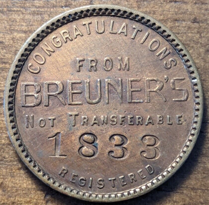 1935 San Francisco, California CA Breuner\'s Charge Coin Good Luck $5 Trade Token