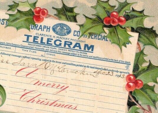 Vintage 1913 Stamped Telegram Holly Leaves Merry Christmas Postcard Posted