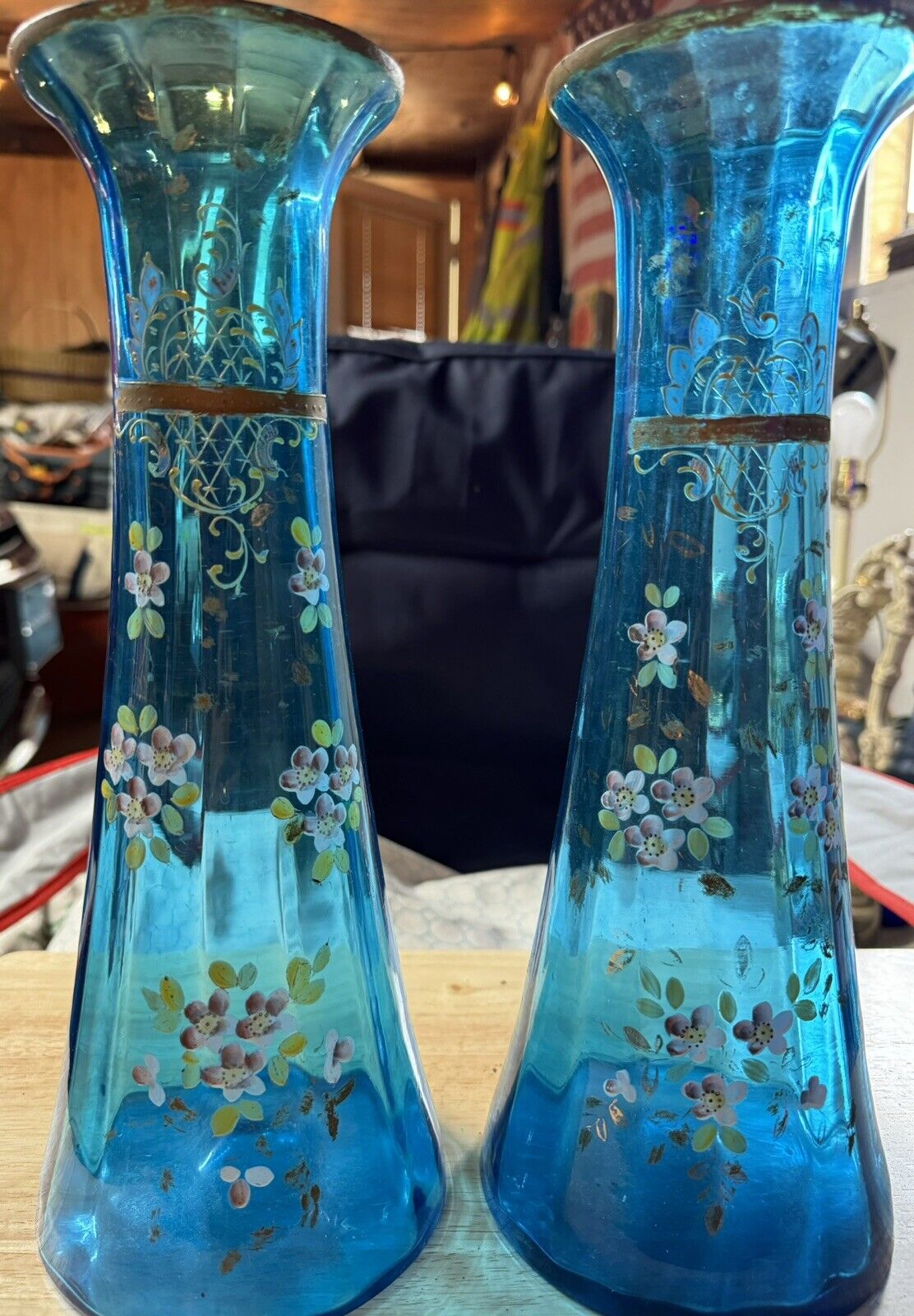 2 Antique Victorian Hand Blown Teal/Blue Glass Hand Painted Floral Optic Vases😳