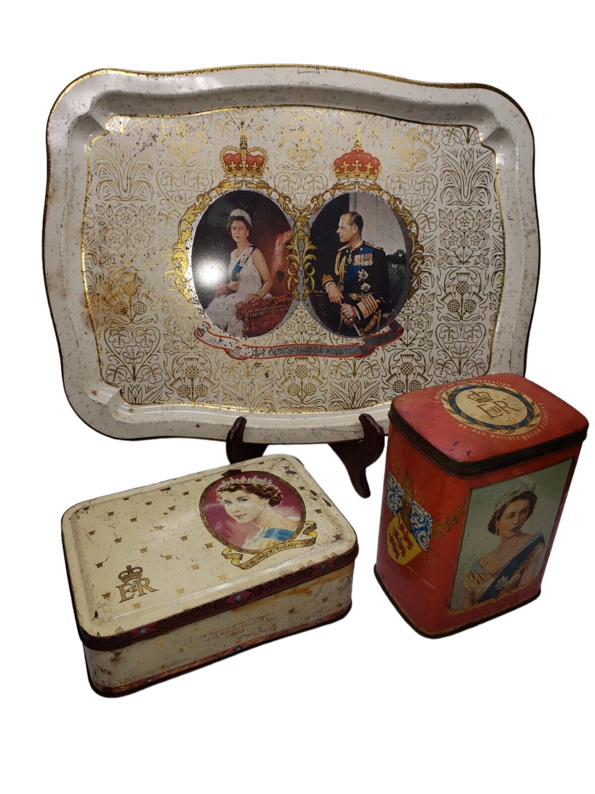 Vintage Queen Elizabeth II Prince Philip Silver Jublie Tray Coronation Tins Lot