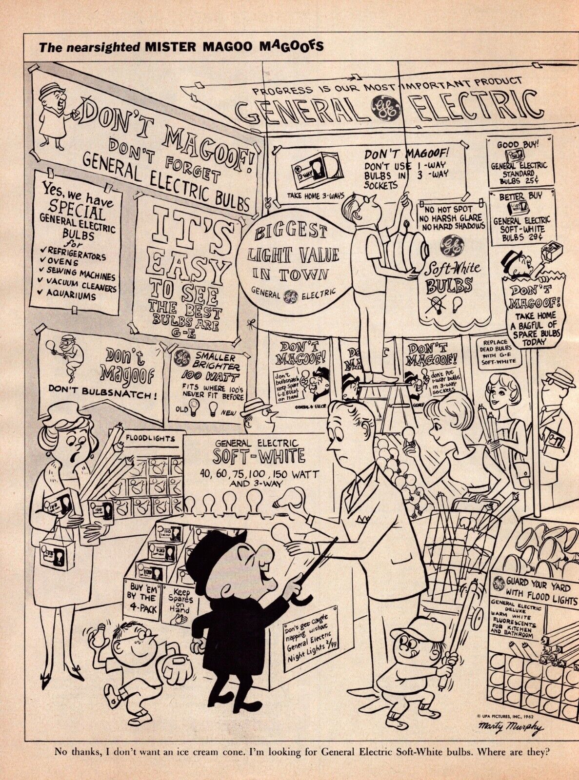 1962 GE Lightbulbs Print Ad Mr. Magoo Comic Nearsighted Cane
