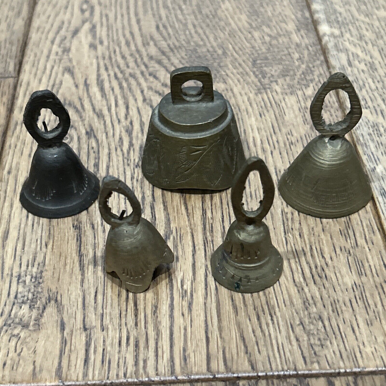 Vintage Lot 5 Sarna Etched Brass India Miniature Bells