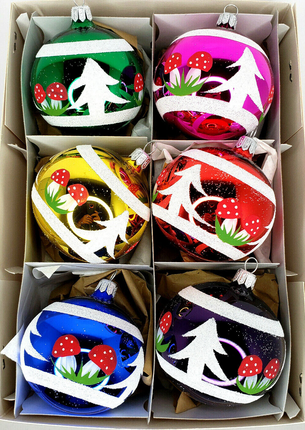 6 RETRO Handmade Traditional Czech Glass Christmas Ornaments Balls Mushrooms 3\