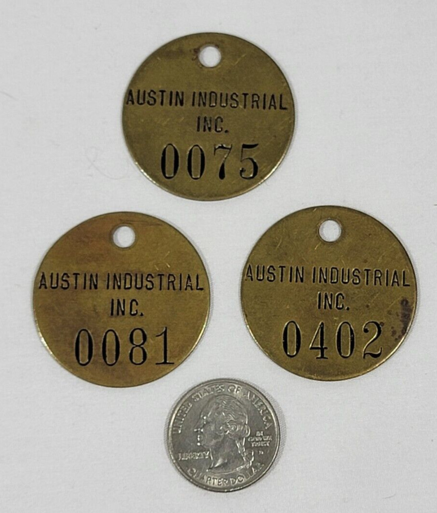Lot of 3 Vintage Brass Tool Tags Austin Industrial Inc