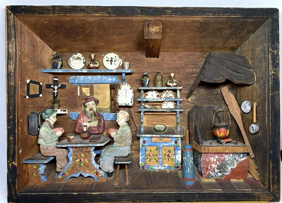 Vintage Italian 3D Diorama Wooden Shadow Box Folk Art Rustic Kitchen Handmade