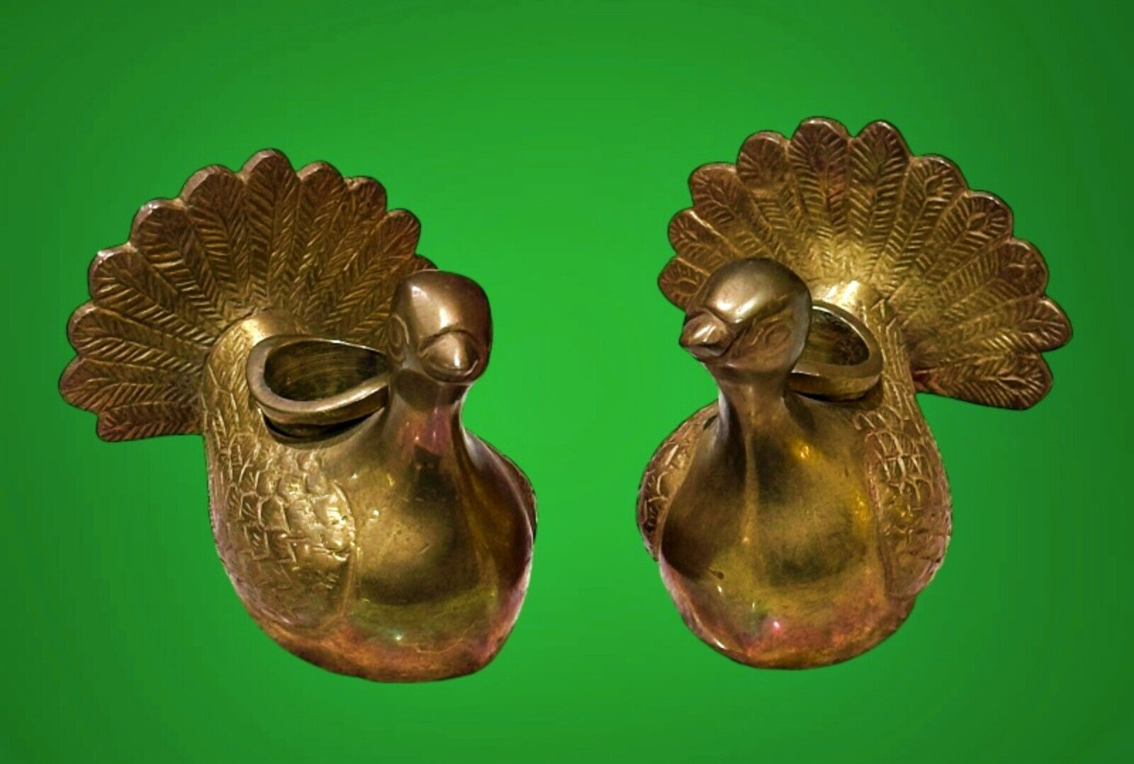 Solid Brass Peacock Turkey Tapered Candle Holders Set of 2 India 2.75 Inch VTG