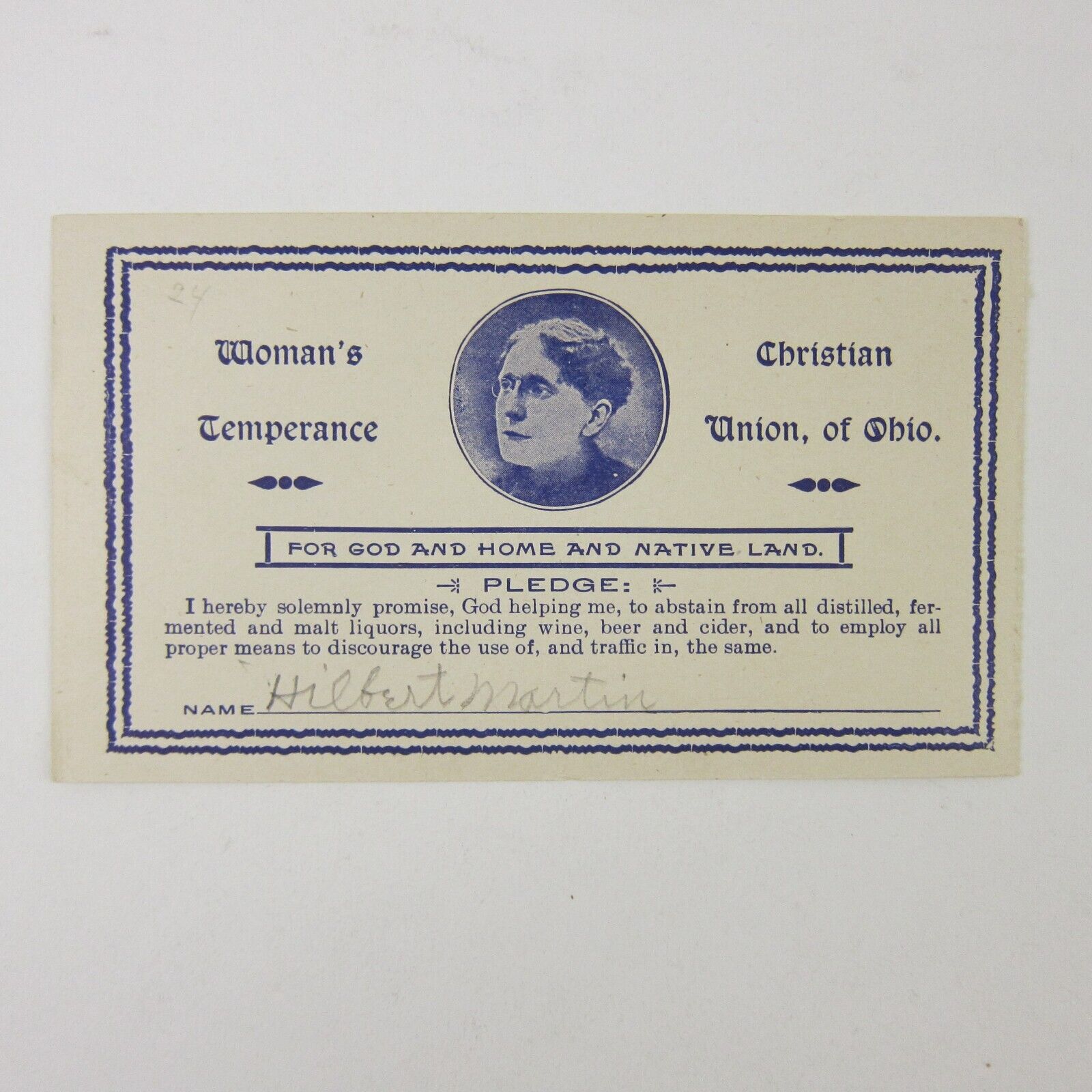 Woman’s Christian Temperance Union Pledge Card Frances Willard Antique c 1910s